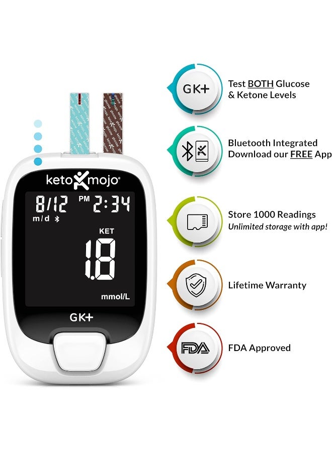 KETO-MOJO GK+ Bluetooth Glucose & Ketone Testing Kit + Free APP for Ketosis & Diabetes Support. 20 Blood Test Strips (10 Each), Meter, 20 Lancets, Lancing Device, and Control Solutions - Image 2